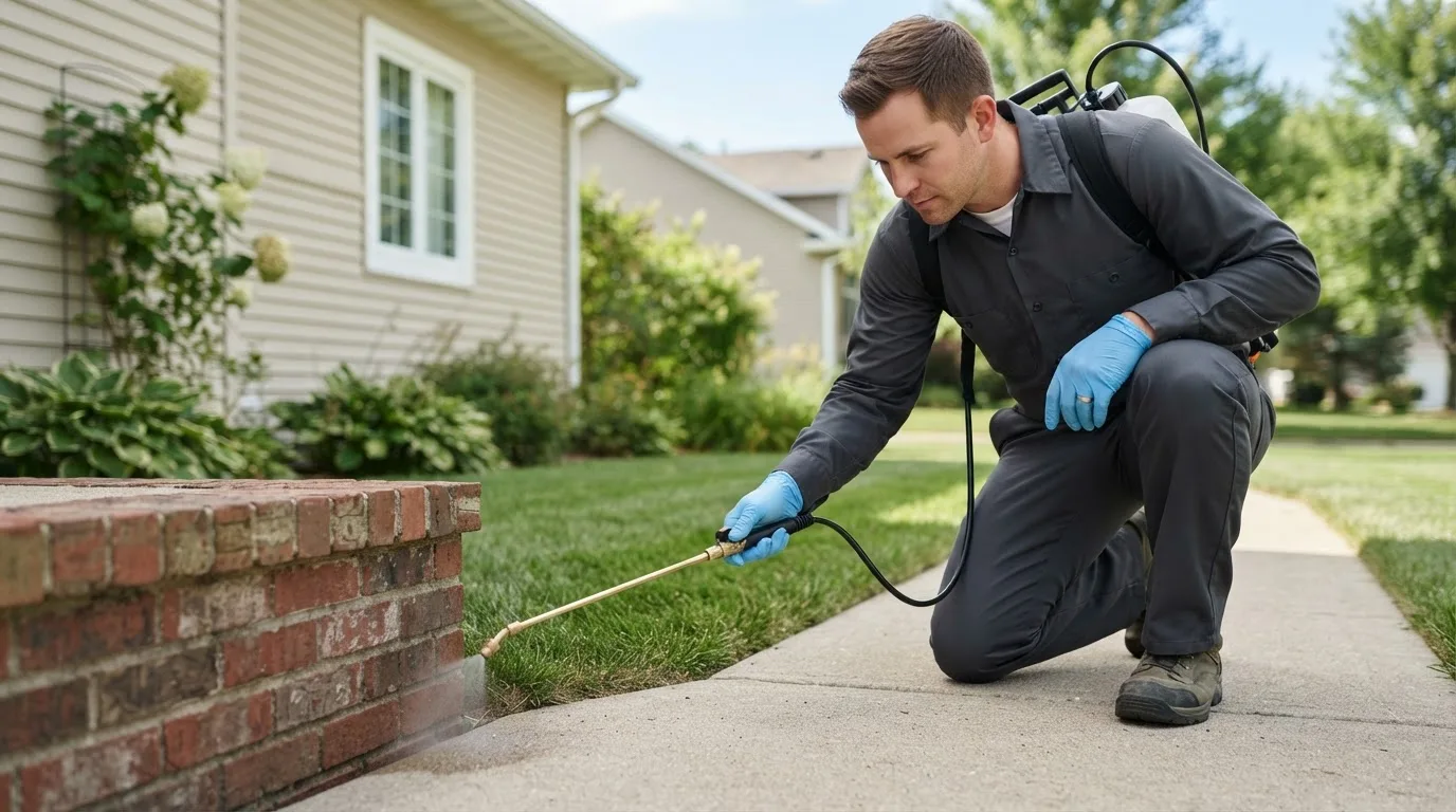 Pest control technician treating a home near Burns, KS